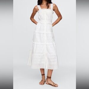 White Eyelet Strap Midi Dress with Scalloped Straps